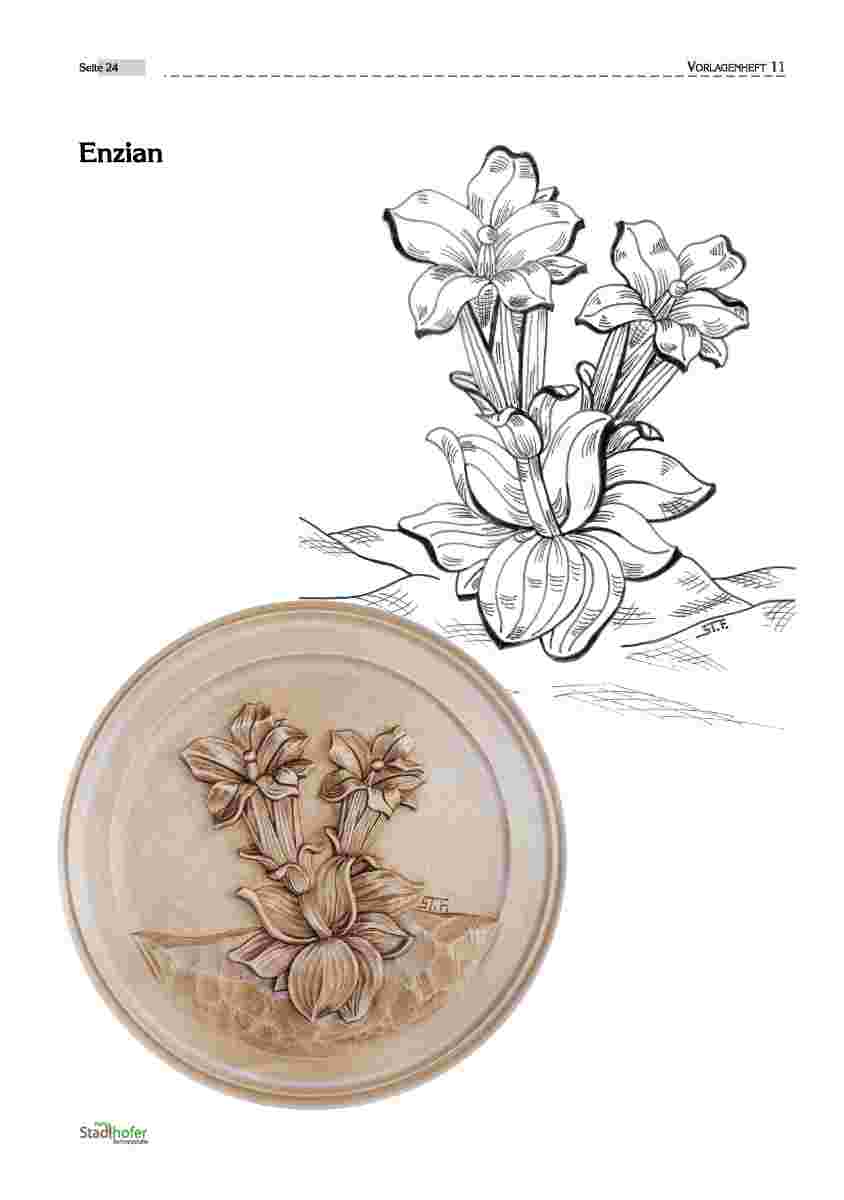 Heft 11 – BlumenHeft-4_Seite_24 Geschnitzter Enzian, Voralge und Foto Schnitzerei - Vorlagenheft 11 - Schnitzstube Stadlhofer